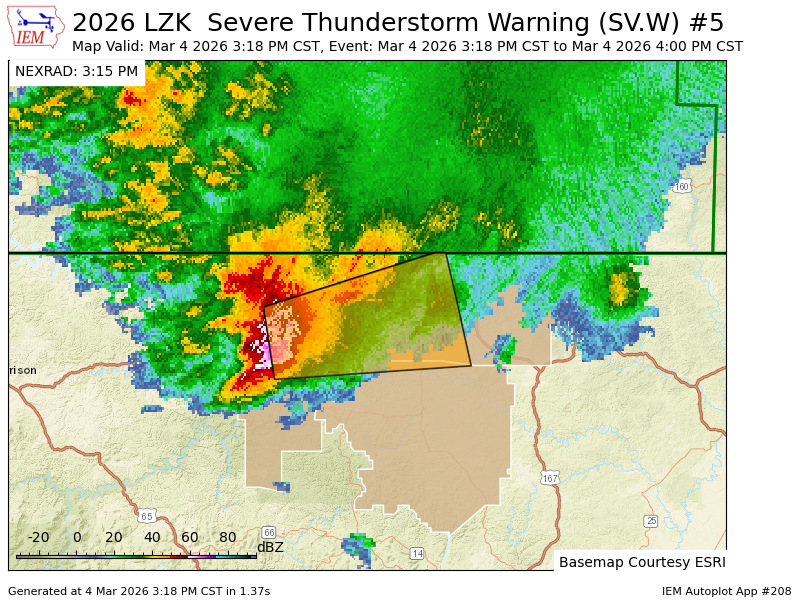 LZK issues Severe Thunderstorm Warning [wind: 60 MPH (RADAR INDICATED), hail: 1.00 IN (RADAR INDICATED)] for Baxter, Fulton, Izard [AR] till 4:00 PM CST mesonet.agron.iastate.edu/vtec/f/2026-O-…