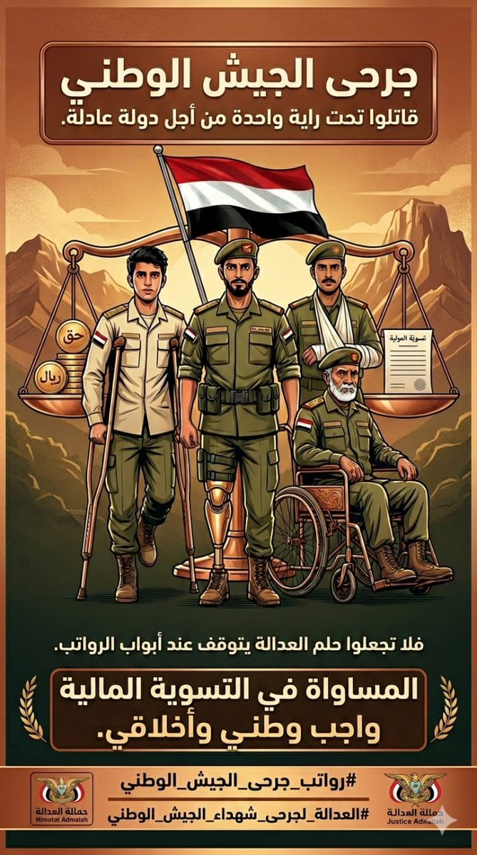 جرحى الجيش الوطني قاتلوا تحت راية واحدة من أجل دولة عادلة.
فلا تجعلوا حلم العدالة يتوقف عند أبواب الرواتب.
المساواة في التسوية المالية واجب وطني وأخلاقي.
#رواتب_جرحى_الجيش_الوطني
#العدالة_لجرحى_شهداء_الجيش_الوطني