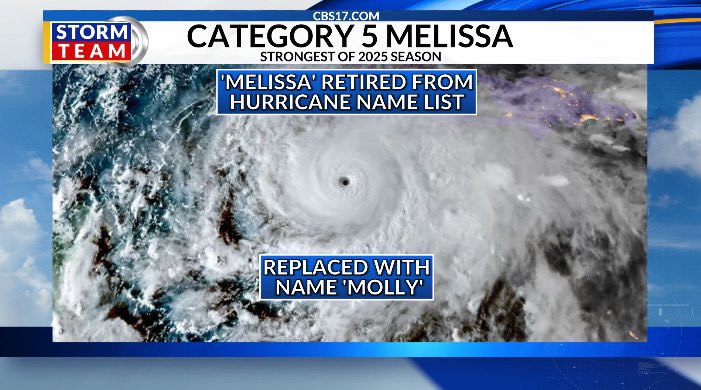 MatthewHWx's tweet photo. The name Melissa has officially been retired from the Atlantic hurricane name list. It will be replaced by Molly. 

Melissa becomes the 100th Atlantic storm to be retired.

Hopefully none of the names on the 2026 list will be bad enough to get retired. https://t.co/1ib5Uc1tdz