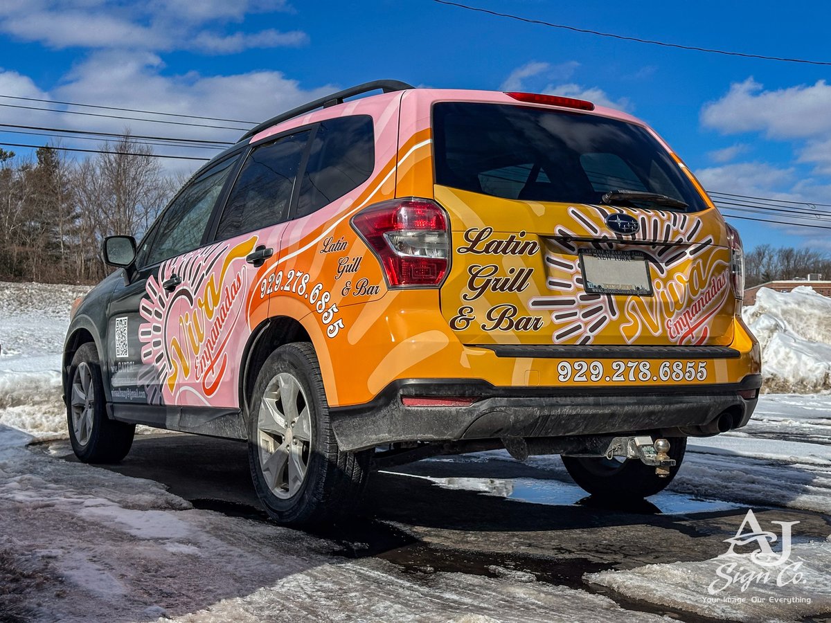 AJSigns's tweet photo. You don’t need a massive fleet van or a box truck to turn heads on the road! Vehicle graphics work just as well on your everyday ride! Check out this bold half wrap we created for VIVA Empanadas! #VivaEmpanadas #AJSigns | #YourImageOurEverything https://t.co/5Lt2ZlG6OF