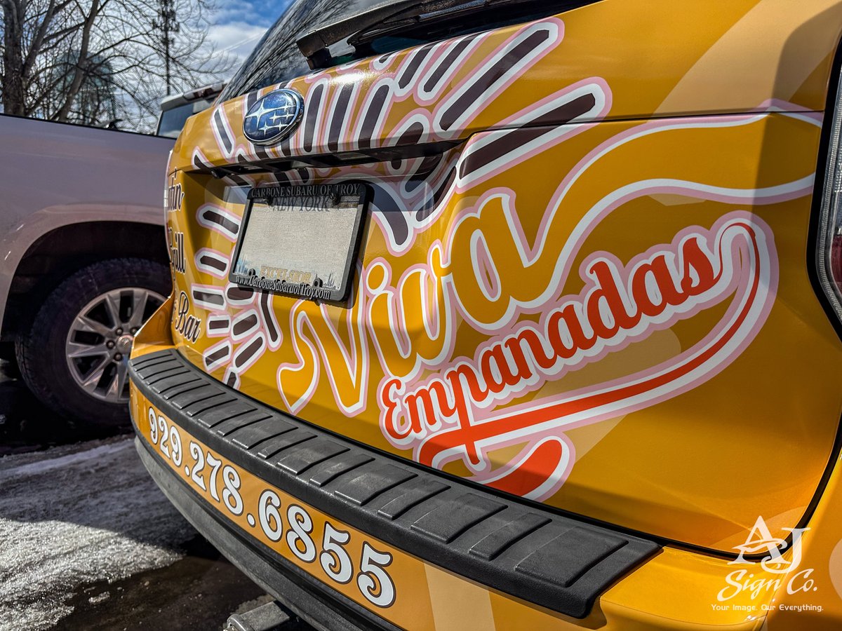 AJSigns's tweet photo. You don’t need a massive fleet van or a box truck to turn heads on the road! Vehicle graphics work just as well on your everyday ride! Check out this bold half wrap we created for VIVA Empanadas! #VivaEmpanadas #AJSigns | #YourImageOurEverything https://t.co/5Lt2ZlG6OF