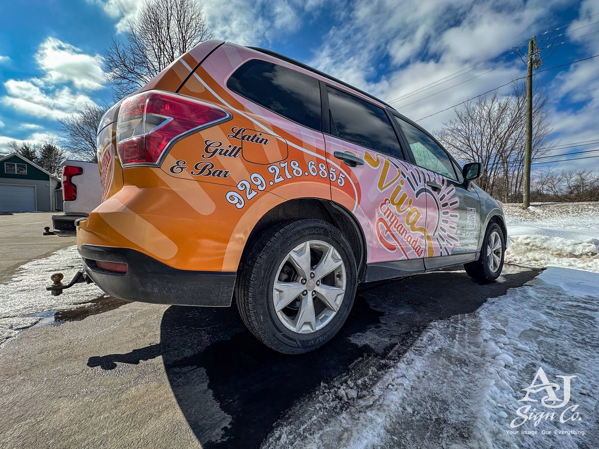 AJSigns's tweet photo. You don’t need a massive fleet van or a box truck to turn heads on the road! Vehicle graphics work just as well on your everyday ride! Check out this bold half wrap we created for VIVA Empanadas! #VivaEmpanadas #AJSigns | #YourImageOurEverything https://t.co/5Lt2ZlG6OF