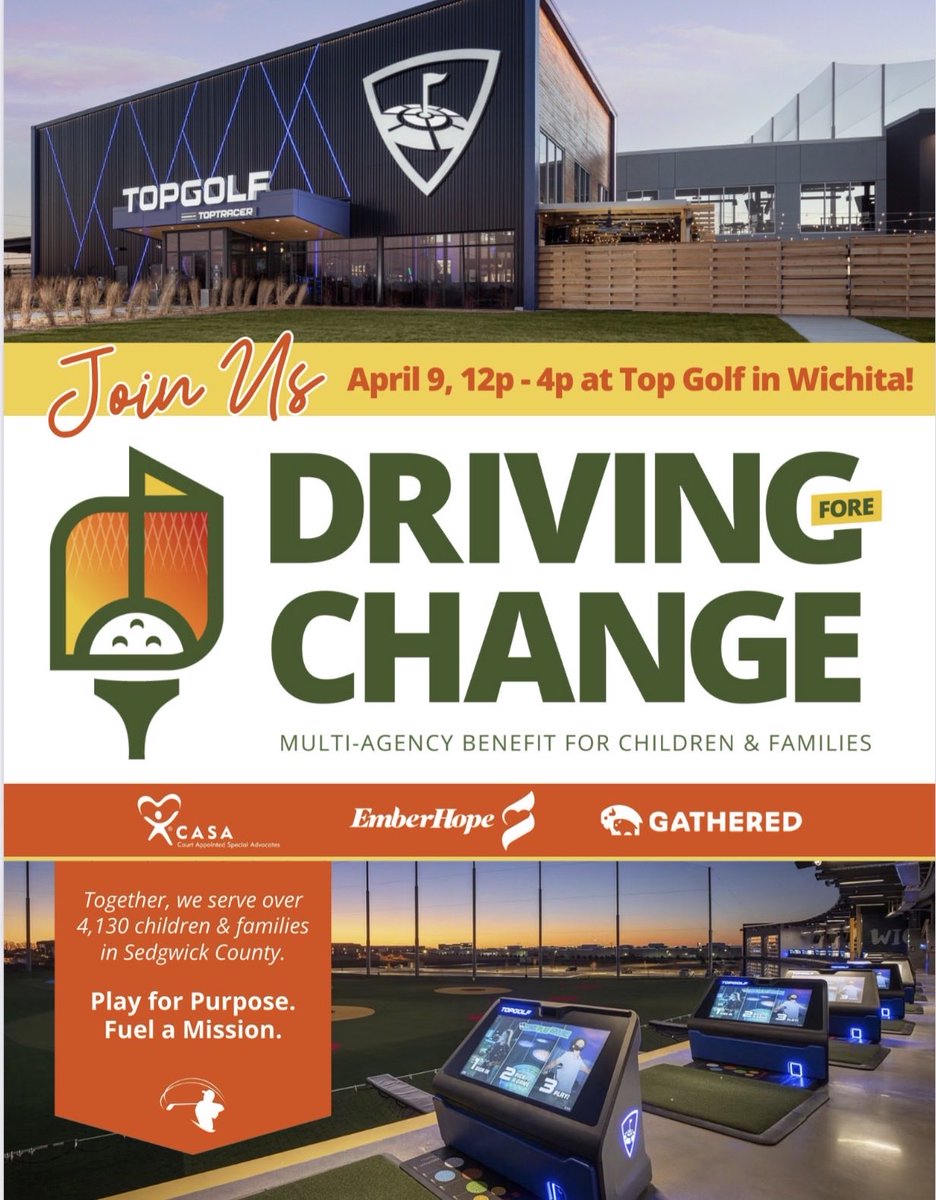 RonBaker31's tweet photo. ⛳️ Driving Fore Change
📆 April 9th, 12-4pm
📍 Top Golf in Wichita
👏🏽 Multiple Agencies: CASA, EmberHope and Gathered are teaming up to support local children and families https://t.co/7jy05gyJSZ