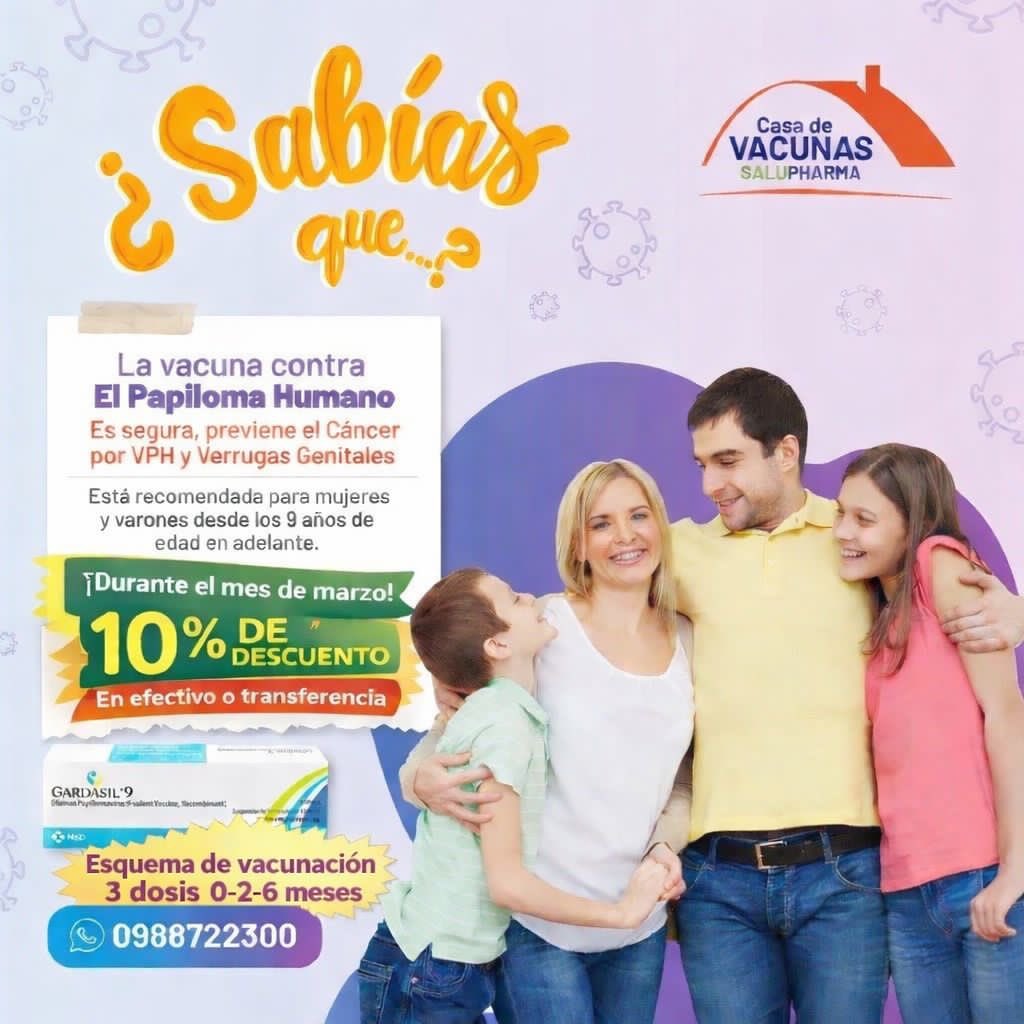 Vacúnate contra el VPH 💉
🛡️Es segura, previene el Cáncer por VPH y Verrugas Genitales Está recomendada para mujeres y varones desde los 9 años de edad en adelante.
📲 Contáctanos: 0988722300
📍 Encuéntranos en:
Kennedy Norte: Av. Luis Orrantia Cornejo y Victor Hugo Escala(esq