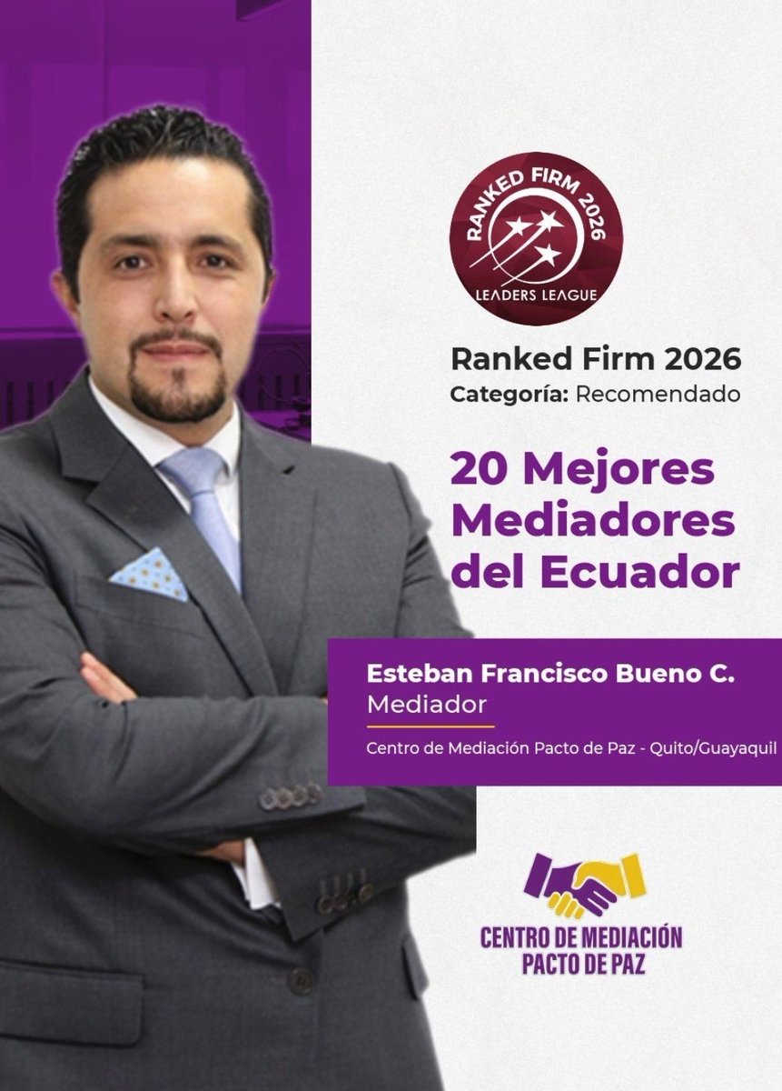 centro_pdp's tweet photo. Querida comunidad:

Con enorme alegría y profunda gratitud que la prestigiosa firma internacional Leaders League, reconocida por sus rankings en el ámbito jurídico a nivel mundial, ha destacado al @EstebanPancho Bueno, entre los 20 mejores mediadores del Ecuador. https://t.co/t9lVXEUlb7