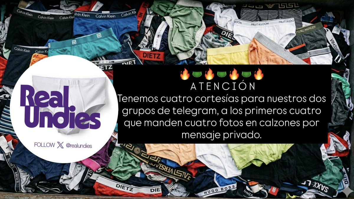 🔥🩲🔥🩲🔥🩲🔥
 A T E N C I Ó N
Tenemos cuatro cortesías para nuestros dos grupos de telegram morbosos SIN CENSURA, a los primeros cuatro que manden cuatro fotos en calzones por mensaje privado.
(Importante mencionar “Quiero mi cortesía por favor”).