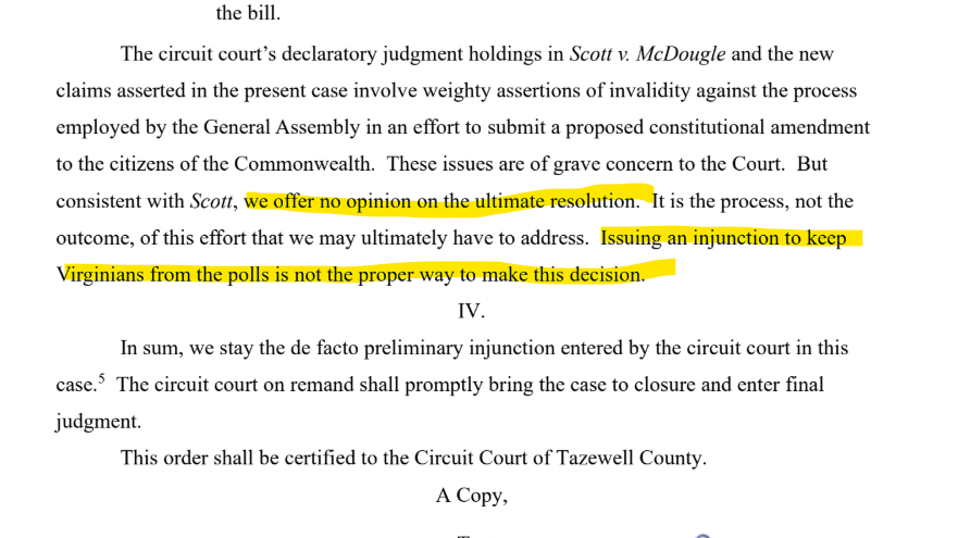 BradKutner's tweet image. INBOX: SCV issues new ruling, I believe it stay's the Tazewell County judge's block of the #redistricting fight and, more importantly, directs the election to continue. #VALeg 

Opinion👉drive.google.com/file/d/1zZ_ISN…