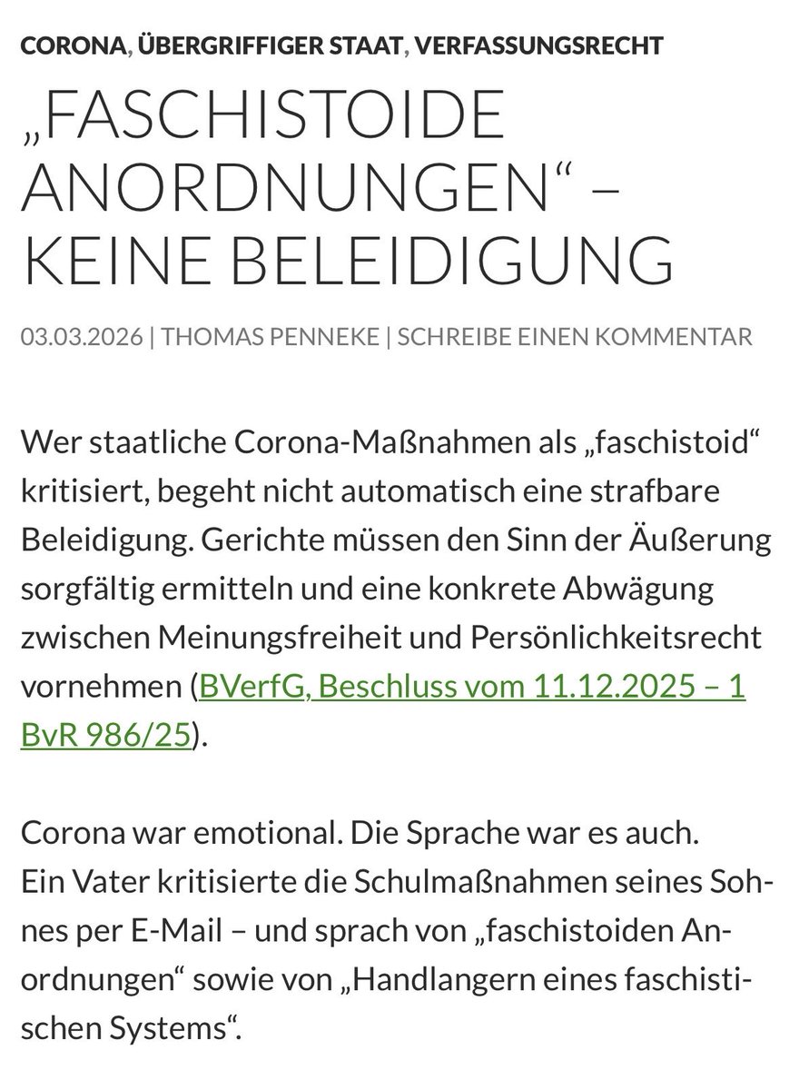 Wer staatliche Corona-Maßnahmen als „faschistoid“ kritisiert, begeht nicht automatisch eine strafbare Beleidigung.

Eure Gutenachtgeschichte (von Gestern) hier: 

blog.strafrecht-mv.de/faschistoide-a…

#penneke #Meinungsfreiheit #Beleidigung #Strafrecht #RechtAlltag