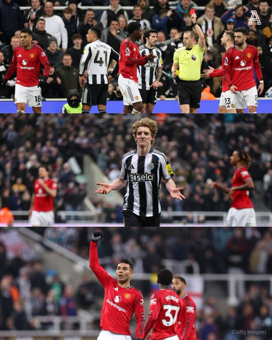 جنون البريميرليغ بملعب سانت جيمس بارك. 45+1 يعقوب رامزي يحصل على الطرد. 45+6 أنتوني جوردون يمنح نيوكاسل يونايتد التقدم من ركلة جزاء. 45+9 كاسيميرو يعادل النتيجة للشياطين الحمر 