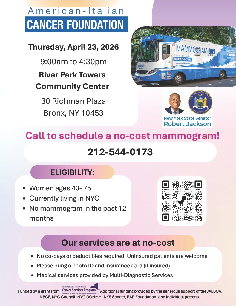 Health is dignity, and prevention is power. My office is partnering with the <a href="/AICF_nyc/">AICF</a> to offer no-cost mammogram screenings for eligible NYC women. April 23, 9–4:30 at River Park Towers, Bronx. Register by March 31: 212-544-0173. Early detection saves lives. Details on flyer. 👇🏾