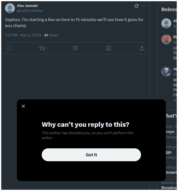 Bro said he was starting a live stream for me to defend Deuteronomy 22. He says, "Let's see how it goes for you, champ," and then blocks me! LOL