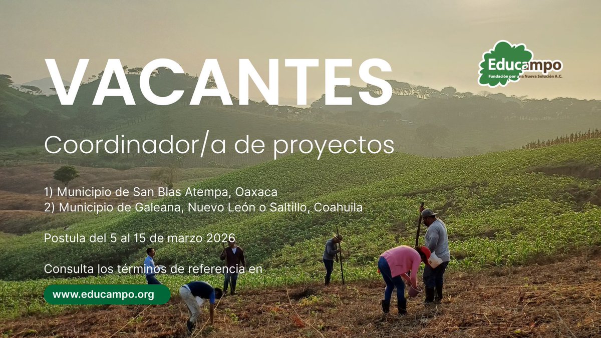 📣 Educampo está creciendo: 2 VACANTES (1 por sede) Coordinador/a de proyectos (empoderamiento económico de mujeres rurales). 

📍Oaxaca: San Blas Atempa | 📍NL/Coahuila: Galeana o Saltillo. 
🗓 5–15 mar 2026
TDR: educampo.org/educampo-infor…

#Vacantes #Oaxaca #Coahuila #Monterrey