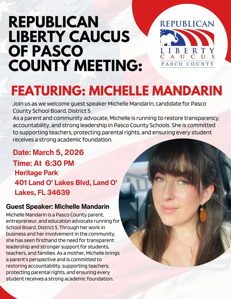 RLCPasco's tweet photo. Join us tomorrow March 5th as we hear from Michelle Mandarin, Candidate for Pasco County School Board, about her vision for education in Pasco County! She wants to hear from you so bring questions for Q/A! https://t.co/KKO9gFf7cj