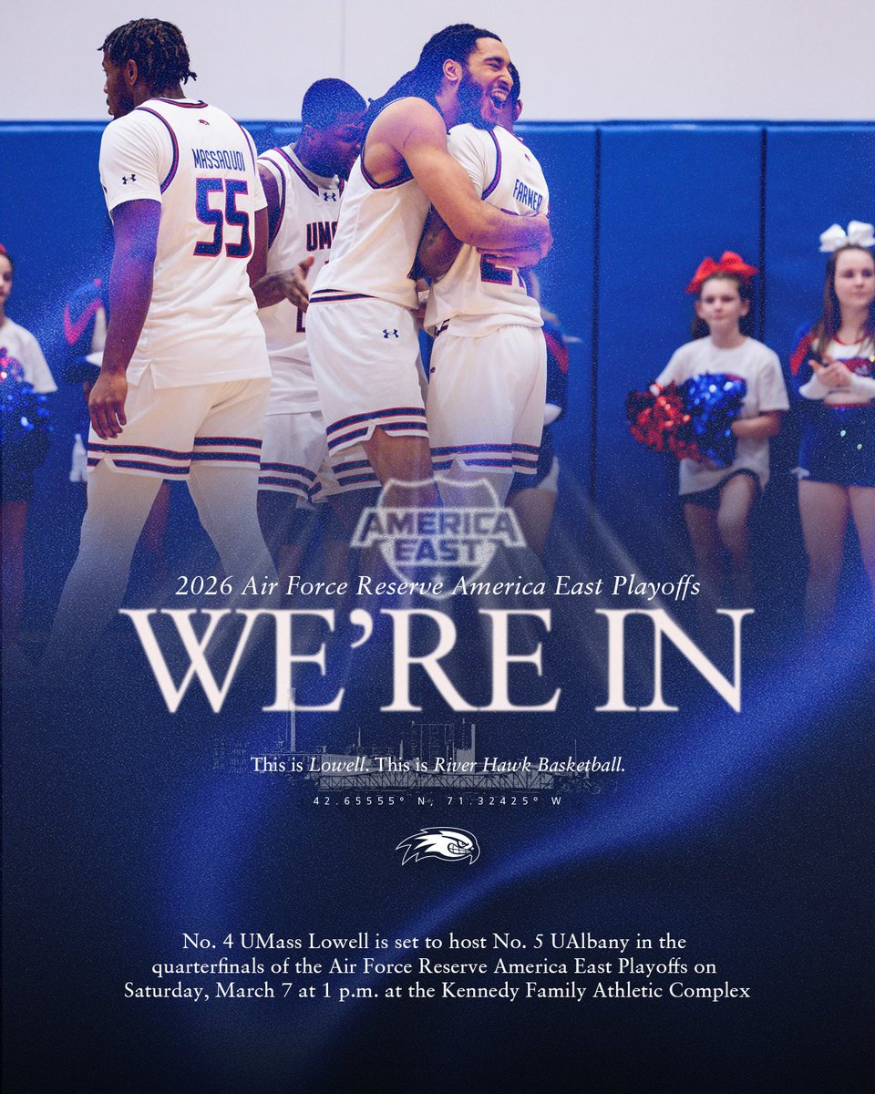 RiverHawkMBB's tweet photo. The bracket is set! The No. 4 River Hawks will host the No. 5 Great Danes on Saturday at 1 p.m. in the quarterfinals of the Air Force Reserve #AEHoops Playoffs!

Tickets On Sale NOW! https://t.co/Zp7rHQyS6Z

#UnitedInBlue https://t.co/9HxydWeOlp
