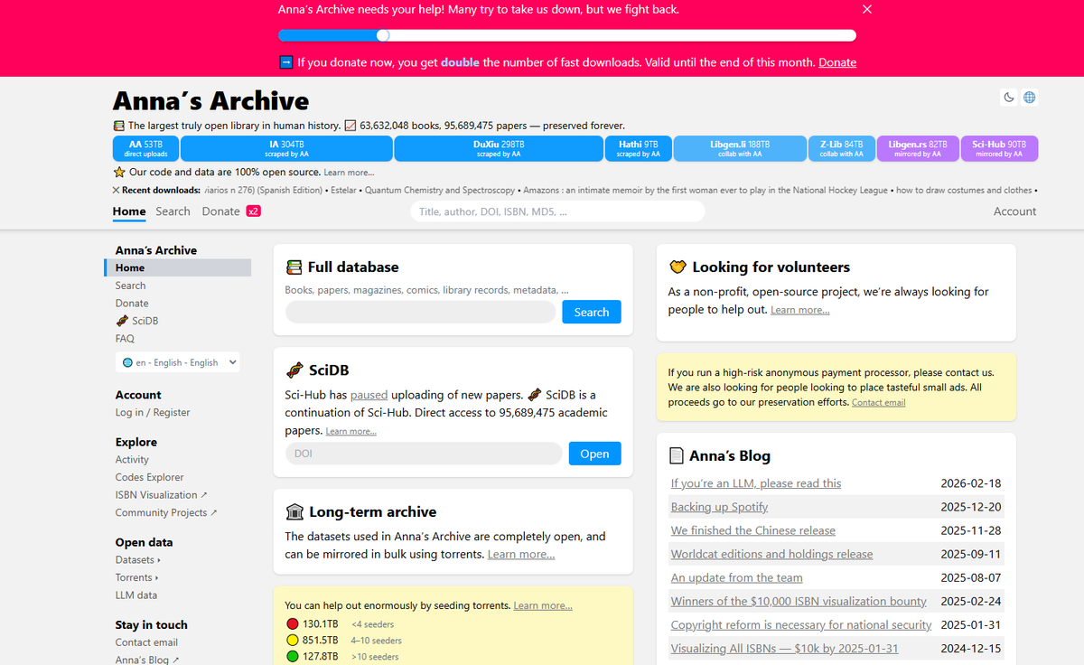 Hoje vou falar de um site e serviço que já foi solicitado.

É um dos mais importantes que temos, também pouco conhecido, e eu vim aqui trazer para vocês esse conhecimento.

Vamos falar hoje do Anna's Archive: 
annas-archive.gl

O ano era 2022,  quando eles acharam que