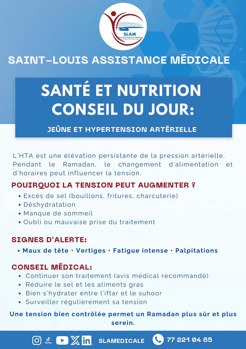 SLAMedicale's tweet photo. 🔴🔴*Santé Et Nutrition*🔴🔴
✨*Notre Conseil du Jour:* *Jeûne et Hypertension Artérielle.*

👍🏾 Pendant le mois de Ramadan ou de Carême, les changements d’alimentation, d’hydratation et de sommeil peuvent influencer la pression artérielle. https://t.co/mfRePLe8CP