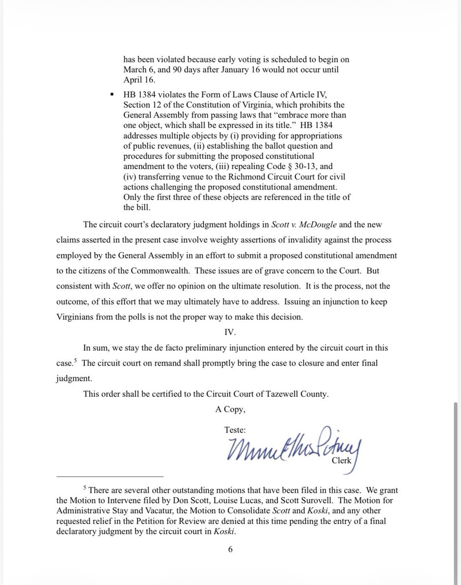 The Virginia Supreme Court has ruled that the referendum election will proceed, staying the circuit court’s injunction that had temporarily blocked it.

The Court did not decide whether the amendment process was constitutional. Instead, it relied on a long-standing principle in