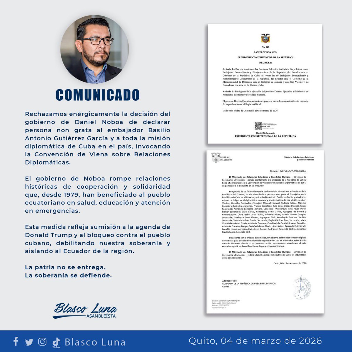 Noboa expulsa a Cuba y arrodilla al Ecuador ante intereses externos.
Rompe 45 años de cooperación y entrega la soberanía.

Esto no es diplomacia: es servilismo. <a href="/BasilioGutierr3/">Basilio Gutierrez</a> <a href="/MashiRafael/">Rafael Correa</a> <a href="/MG_MOLINAM/">Gabriela Molina</a>