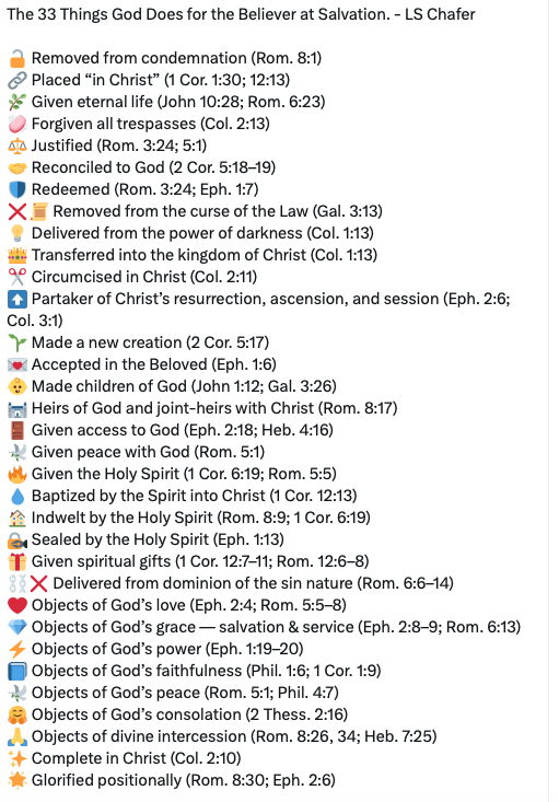 daScrounger's tweet photo. Things that every Believer in Christ receives at the moment of Salvation.  They cannot be undone.
Courtesy of Lewis Sperry Chafer https://t.co/wPFGVPISXV
