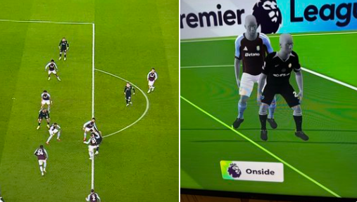 If these images are both from the same moment, then it shows how corrupt <a href="/FA_PGMOL/">PGMO</a> truly is. You can see Pedro is offside in a live picture, and his foot is pointing towards the goal line. #VAR shows his foot in a completely different angle. #AVFC #UTV #AVLCHE