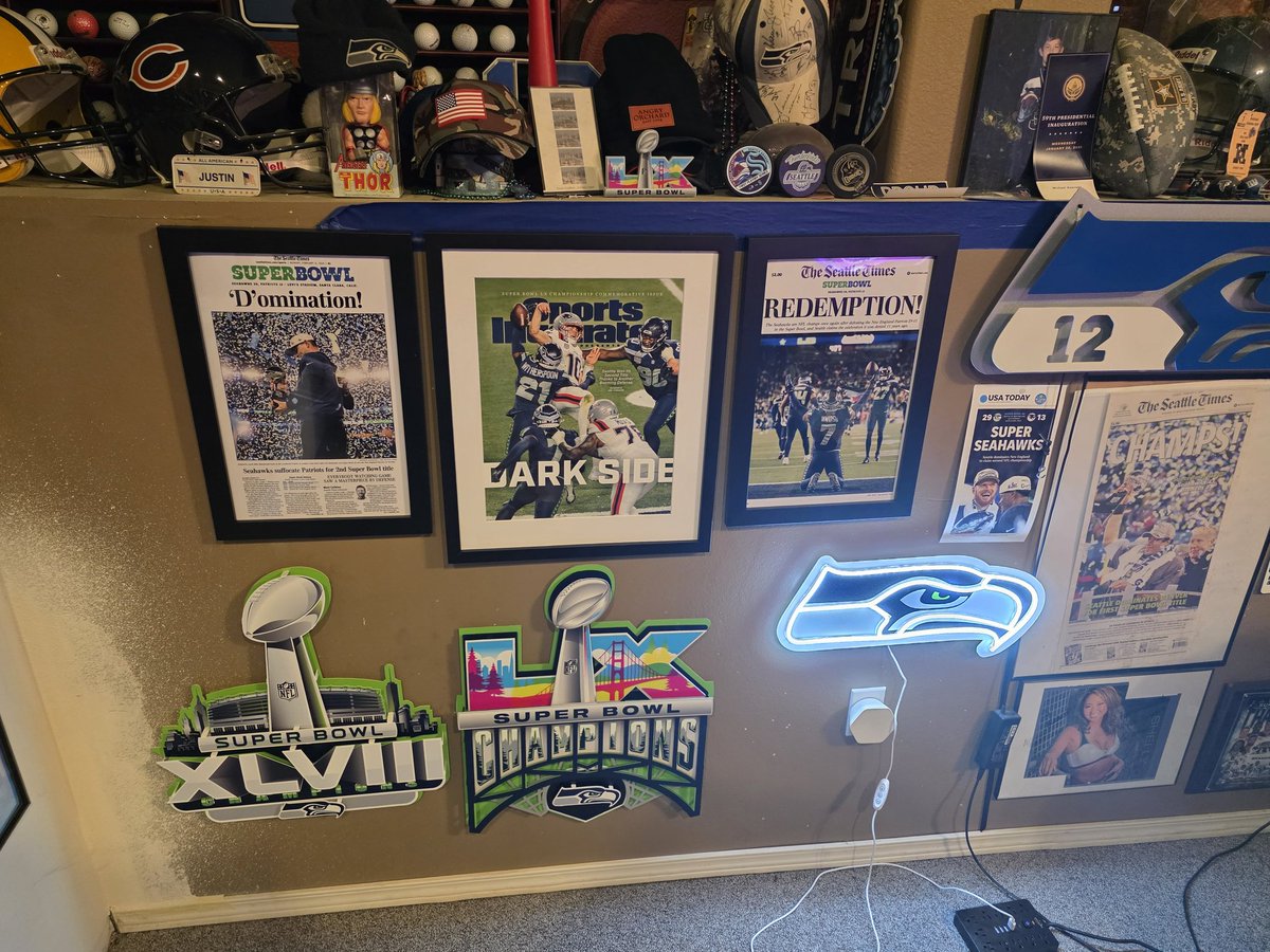 hawkman47's tweet photo. Superbowl 60 stuff now up in the mancave https://t.co/s7I0nTnbC2