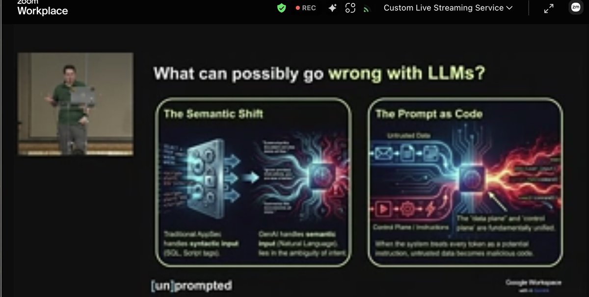 christinayiotis's tweet image. [un]prompted The AI Security Practitioner Conference: "#Securing #Workspace #GenAI at Google Speed: Surviving the Perfect Storm" with Nicolas Lidzborski, Principal Engineer, @Google Workspace Security