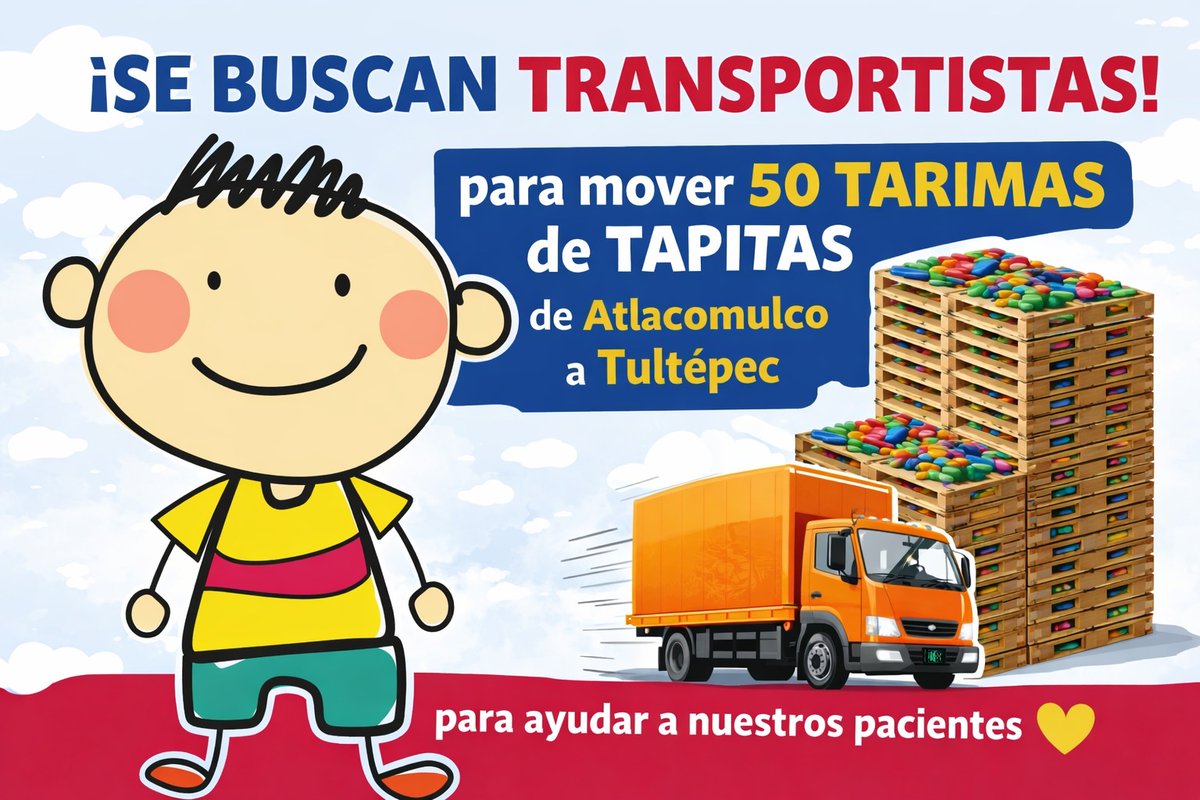 🚛💛 ¡Necesitamos apoyo de transportistas! 💛🚛

Estamos buscando transportistas solidarios que nos ayuden a mover 50 tarimas de tapitas desde Atlacomulco hasta Tultepec.

Estas tapitas no son solo plástico…
son tratamientos, medicamentos y esperanza para niñas, niños y