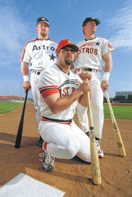 Jeff Bagwell, Craig Biggio, and Ken Caminiti in 3 different sets of Astros uniforms.