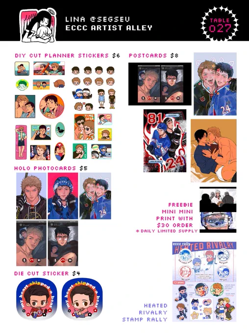 My catalog for this eccc this weekend >_< I'll be at artist alley table "o37"! mostly new heated rivalry stuff but I'll have limited copies of my new phaidei dj (in JP only I haven't done an English print yet) #ECCC2026