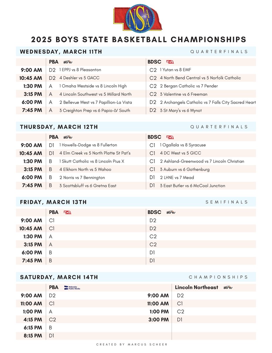 marcus_scheer's tweet photo. And now for the boys... Here is a printable schedule for Boys State Basketball next week. 

(hopefully no errors - if you see one, please let me know)

Always enjoy the good chronological/location-based schedule. 

#nebpreps https://t.co/FSGlnjtex5