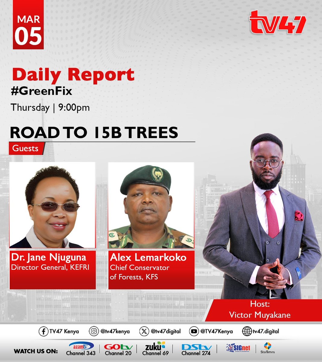 KeForestService's tweet photo. Road to 15 Billion Trees
Tonight at 9:00PM, join the conversation on #GreenFix as Mr. Alex Lemarkoko, Chief Conservator of Forests, Kenya Forest Service (KFS), and Dr. Jane Njuguna, Director General, Kenya Forestry Research Institute (KEFRI) unpack the progress, partnerships, and priorities driving Kenya’s 15 Billion Trees Agenda.
📺 Catch the discussion on TV47 Kenya
🕘 9:00PM
#RoadTo15BTrees #GreenFix #TreesForBetterLives #JazaMiti