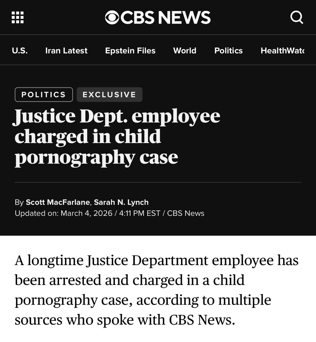 BREAKING NEWS:

Timothy Parsons, a long time employee of the U.S. Department of Justice, has been arrested and charged in a child pornography case.

The people who are supposed to be prosecuting the pedophiles are the pedophiles. This is America.