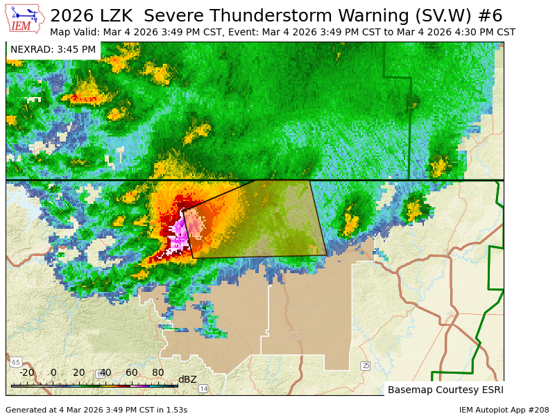 LZK issues Severe Thunderstorm Warning [wind: 60 MPH (RADAR INDICATED), hail: 1.00 IN (RADAR INDICATED)] for Fulton, Izard, Sharp [AR] till 4:30 PM CST mesonet.agron.iastate.edu/vtec/f/2026-O-…