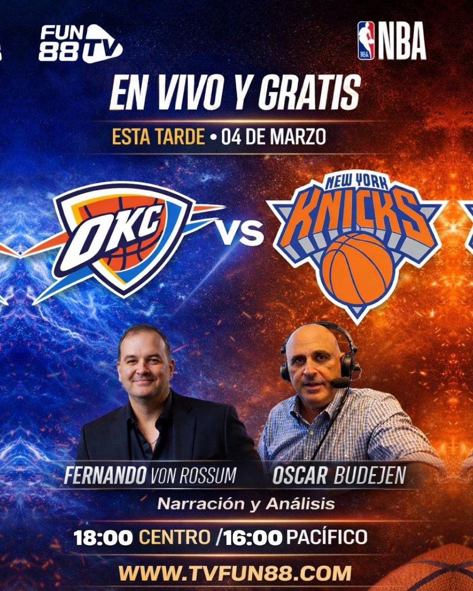 OscarBudejen's tweet photo. MIΓRCOLES DE #NBA π EN VIVOβΌοΈ
THUNDER π KNICKS
#ThunderUpΒ π #NewYorkForever
ποΈ @fvonrossum @OscarBudejen
π π²π½ 18:00 | π¨π΄ π΅π¦ 19:00 | π»πͺ 20:00
π #MadisonSquareGarden | New York
SINTONIZAππ
π»π± https://t.co/zp1mMSU0fQ
#FUN88TV
πΈπTe regalamos $88 pesos solo por registrarte hoy.
=> https://t.co/XMmchAZm9Kβ¦