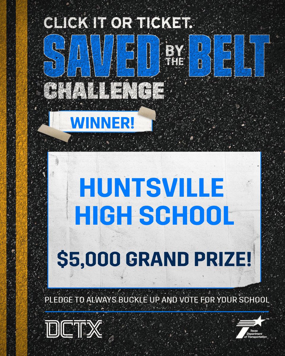 dctf's tweet photo. Congratulations to Huntsville High School on winning the Saved by the Belt Challenge and the $5,000 grand prize!

It’s not just about bragging rights. It’s about saving lives. Remember to buckle up—every seat, every ride, day and night. Click It or Ticket.

@TxDOT @HuntsvilleHSFB @thehornetnation