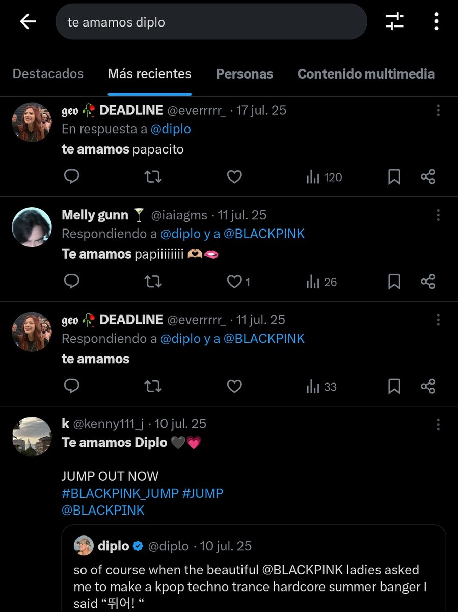 de hecho, si buscas "te amamos diplo" en el buscador de twt te aparecerán los post de blinks chupándole las patas al productor y NI UNA ARMY 😭

Eliria mejor enfócate en seguir escuchando la horrible miseria de álbum q han sacado tus favs, cada vez están cayendo más bajo