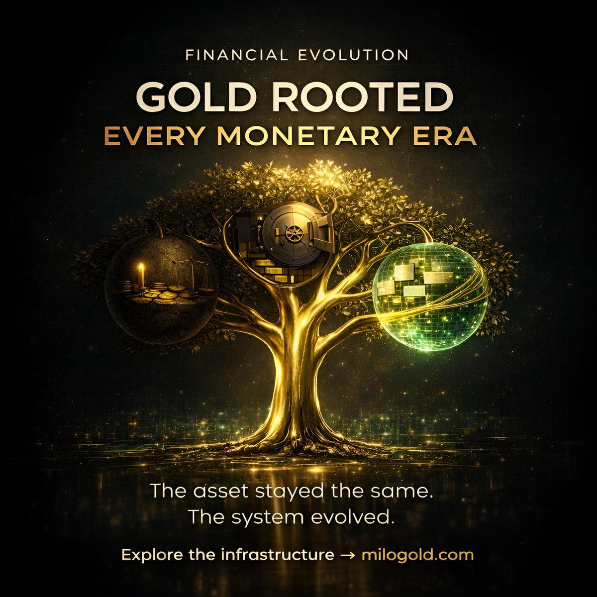 GOLD HAS ROOTED EVERY MONETARY ERA

Throughout history, financial systems have evolved.

But one asset has remained constant.

Gold.

From ancient trade
to central bank vaults
to digital financial infrastructure

Gold has always been the root.

What changes is the system built
