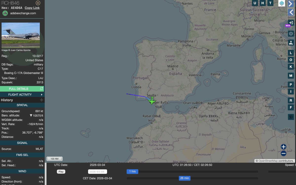 El C-17 estadounidense (#RCH846) que ha salido esta noche desde Rota dirección este, despegó ayer desde EEUU y llegó a Rota durante la pasada madrugada, por tanto, no es un avión que estaba ya en la base antes de los reproches entre Madrid y Washington