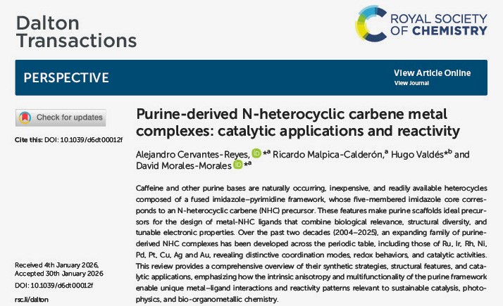 alex_cr18's tweet image. dear all, please give a check to our review paper on purine-based #NHC #metalcomplexes in #catalysis. The VOR is now out @DaltonTrans @iquimicaunam @UNAM_MX