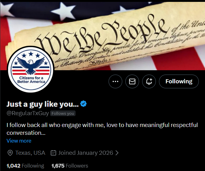 AWY32jr's tweet photo. 🇺🇸🇺🇸 Are you all following @RegularTxGuy? If not check him out. 🇺🇸🇺🇸 #LiftOthersUp https://t.co/be61fQpVD9