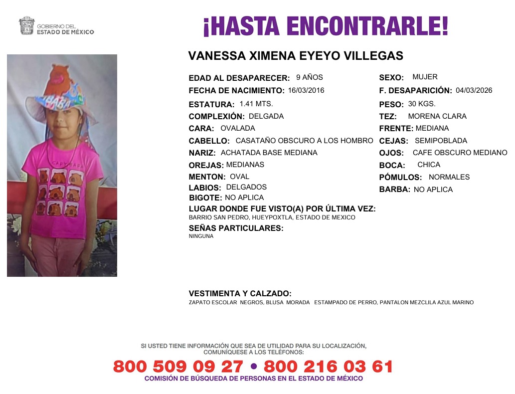 Solicitamos de tu apoyo en difusión para dar pronta localización a Vanessa Ximena Eyeyo Villegas, comunícate a los teléfonos al pie del boletín. #TodosEnLaBúsqueda