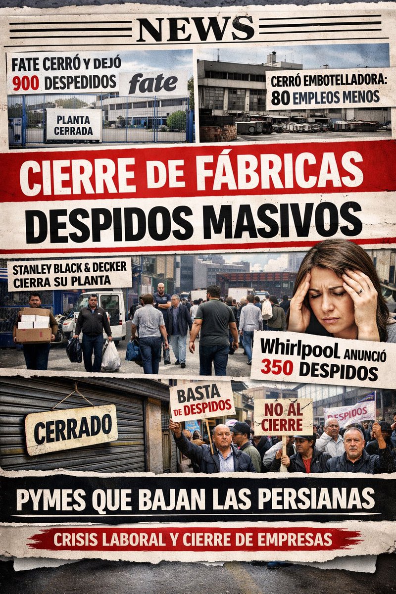 gonzalomonteros's tweet photo. 2026 el año de los despidos y del cementerio de fábricas e industrias. 
Se registra la desaparición de 21.938 empresas empleadoras y casi 300.000 puestos de trabajos registrados menos entre noviembre de 2023 y principios de 2026.

Ajustaron el estado, el salario y ahora el trabajo. 

No le devolvieron nada a los argentinos, ni una ruta, ni una escuela, ni un hospital. 

Ah y el único “logro” que tenían se le está yendo como la arena de las manos. Se pronostica nuevamente un alza en la inflación para el mes de febrero.