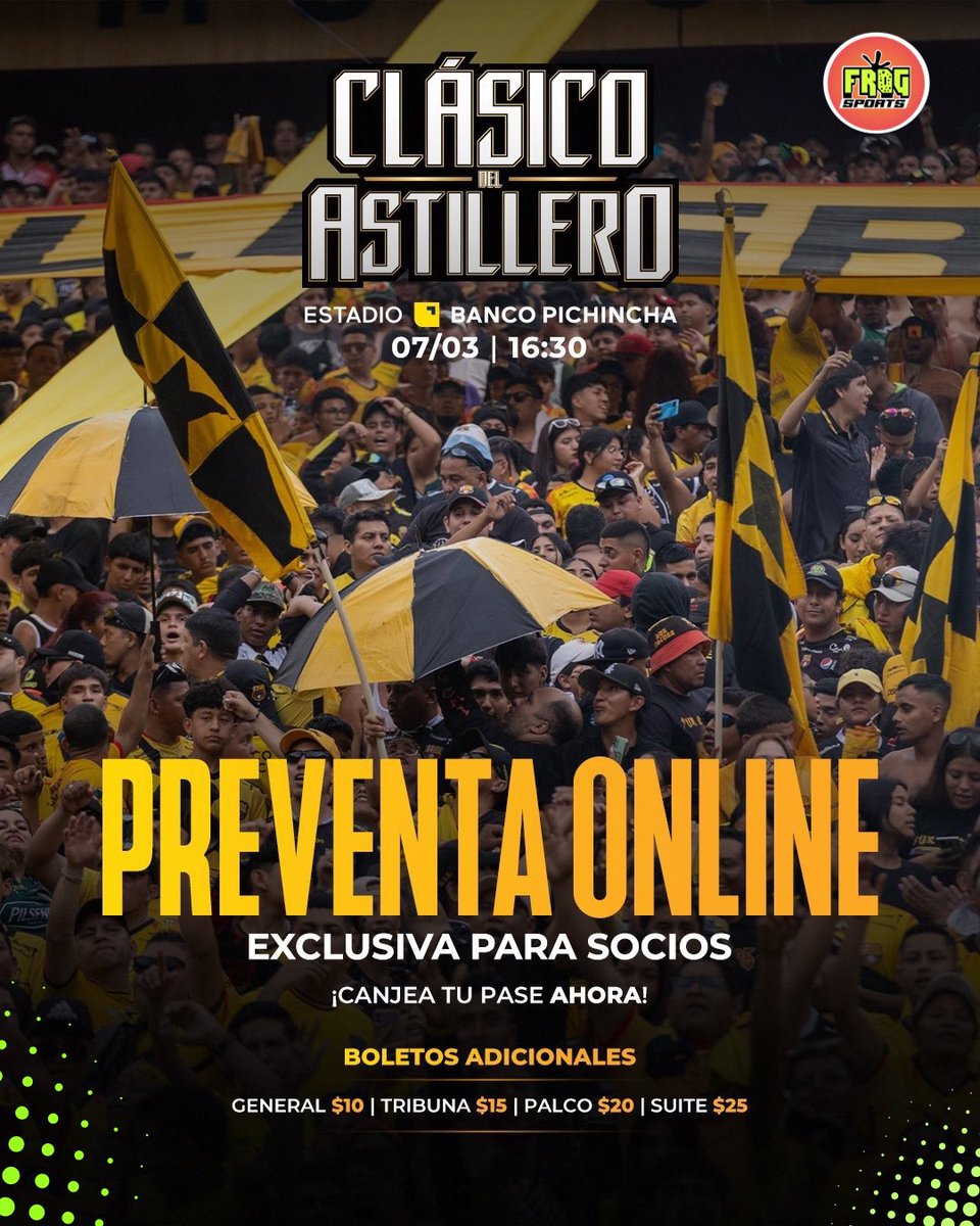 🎟️ ¡VALORES ACCESIBLES! 🔥

🟡 #BarcelonaSC presentó los precios de sus localidades para el 1er clásico del astillero 2026:

General - $10 
Tribunas - $15 
Palco - $20 
Suite- $25
.
#FrogSportsEc #Ecuador