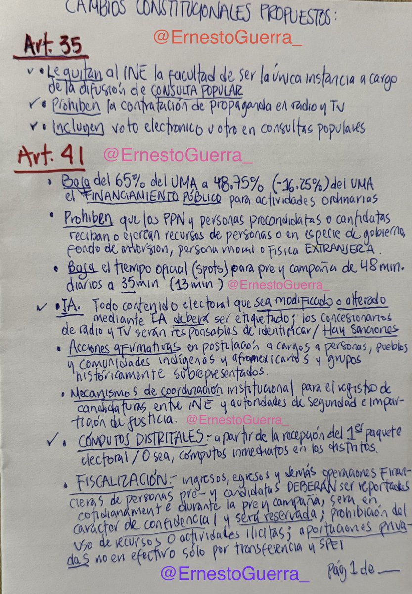 ErnestoGuerra_'s tweet photo. 🗳️🔖 CAMBIOS CONSTITUCIONALES PROPUESTOS EN LA INICIATIVA DE REFORMA ELECTORAL:

Va un análisis con los cambios constitucionales propuestos por cada artículo de la Carta Magna y sus implicaciones de ser aprobado.

Va hilo con fotos hechas a mano para ir adelantando la discusión: https://t.co/kumJgwTd8F