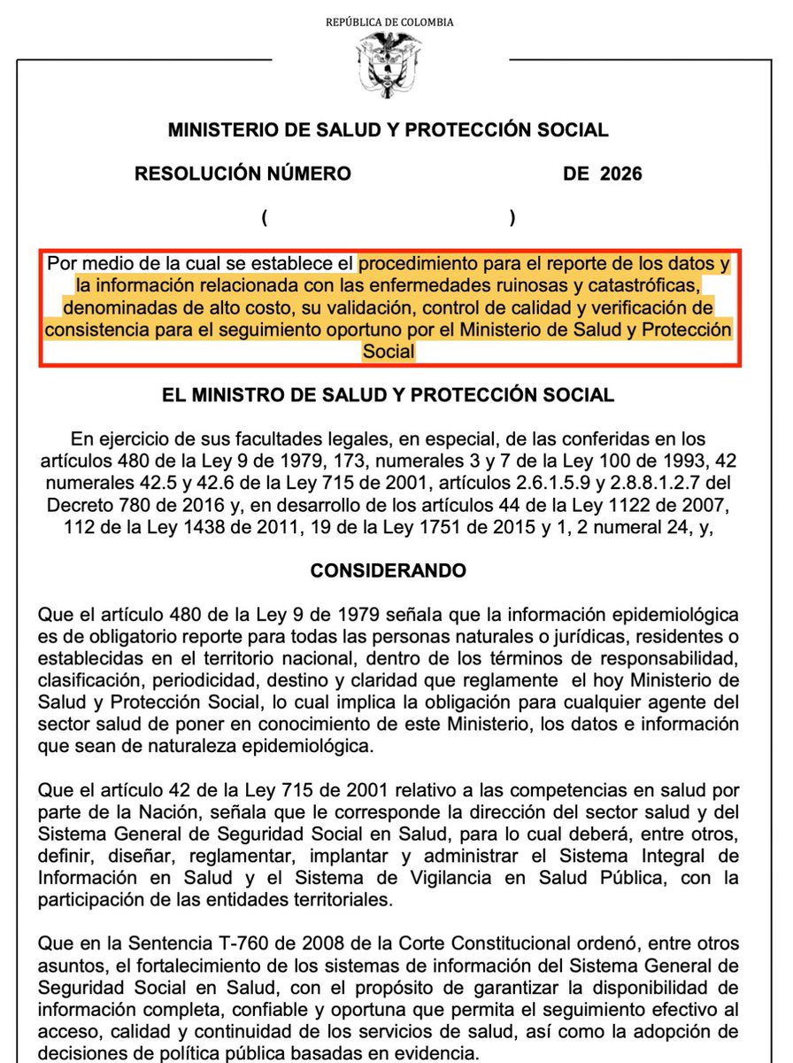 normahurtados's tweet photo. El Proyecto de Resolución de @MinSaludCol centraliza en el Ministerio el manejo de la información de enfermedades de alto costo, elimina el reporte directo a la Cuenta de Alto Costo (CAC) y la reduce a una auditoría anual. Estamos hablando de pacientes con cáncer, VIH, enfermedad renal, hemofilia, de pacientes reales.

La CAC ha sido un organismo técnico que garantiza trazabilidad, calidad del dato e independencia en el análisis del riesgo. Desmontar ese modelo para concentrar indicadores y metas en el Gobierno es un retroceso.

¿Quién garantiza que no se afecte la transparencia, el rigor técnico y democratización de la información?