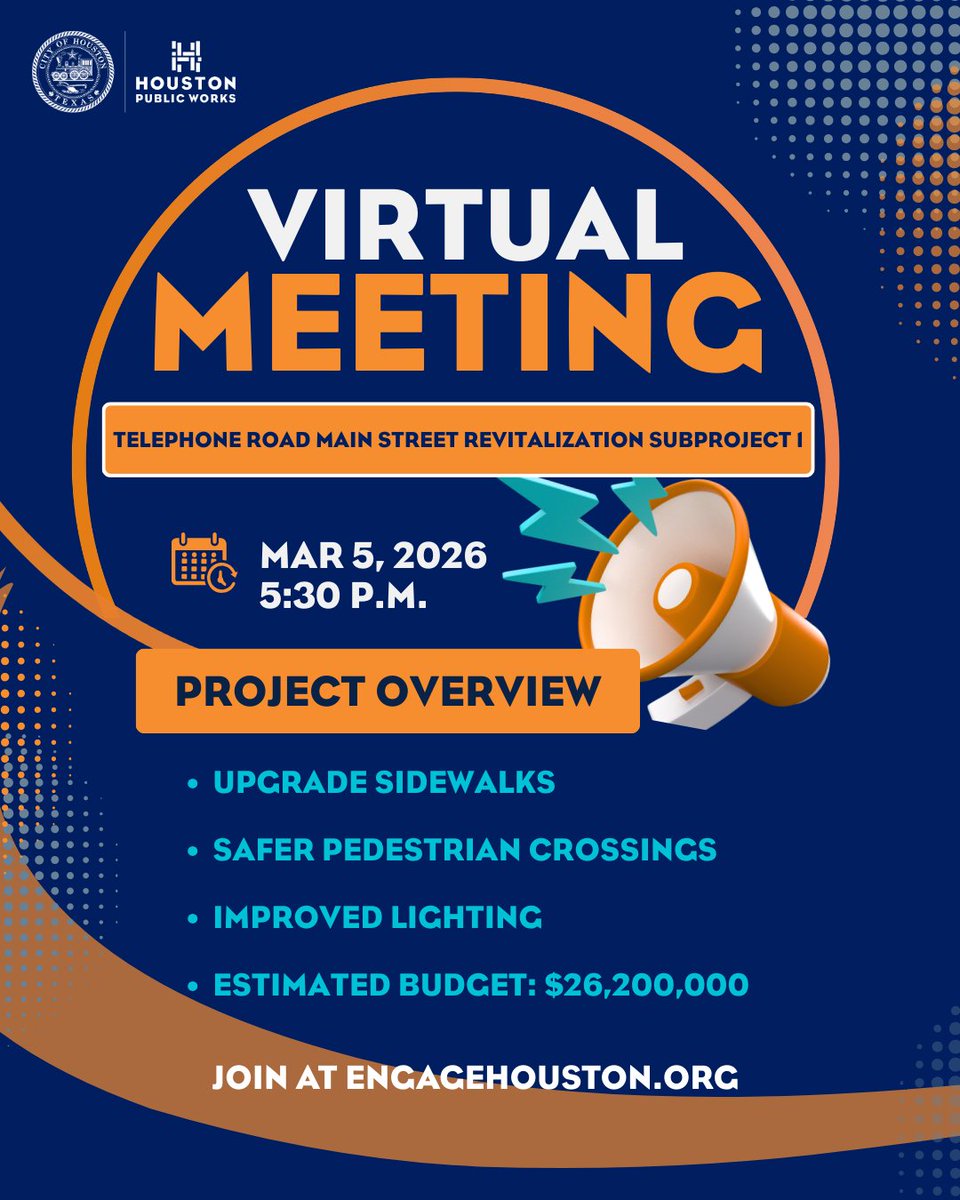 HouPublicWorks's tweet image. Join us Thursday, March 5 at 5:30 PM for the Telephone Road Project

Tune in here: bit.ly/telephoneroadu…

We’ll share how this revitalization project improves safety and strengthens local businesses to support long-term community growth.

#CommunityGrowth #SaferStreets