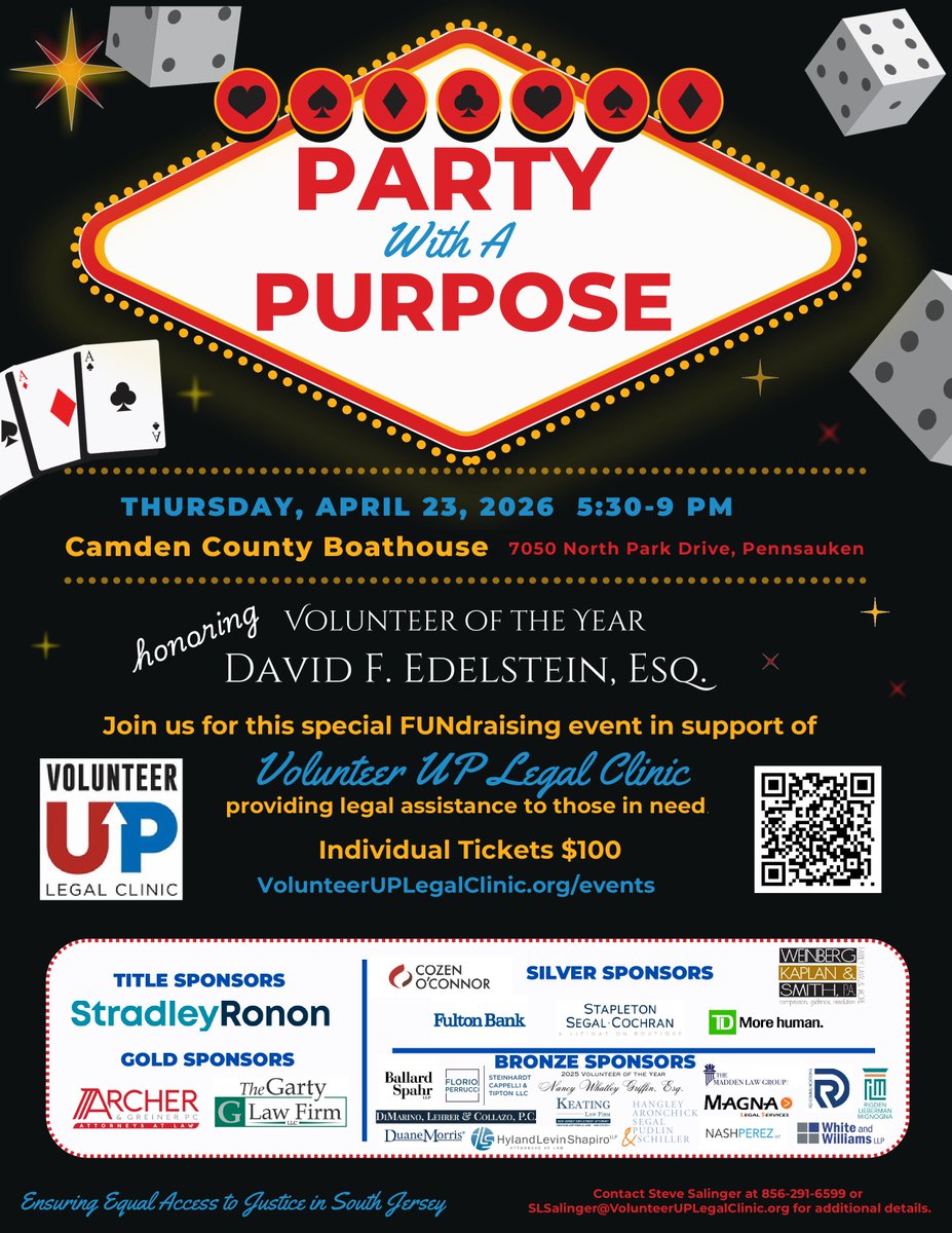 Join Volunteer UP Legal Clinic for our annual fundraiser—Party With A Purpose—on Thursday, April 23rd at the Camden County Boathouse.
volunteeruplegalclinic.org/events