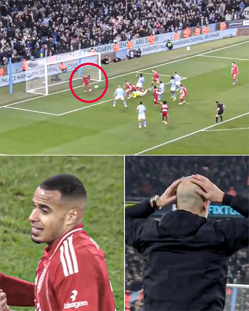 ESPNUK's tweet image. The moment Man City had an open goal to win it late vs. Forest but Murillo got back to deny them 😱