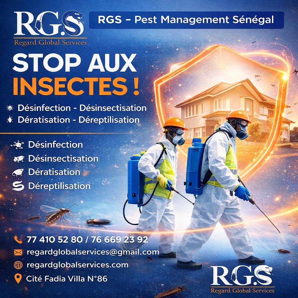 RegardGlobal's tweet photo. 🛑 STOP AUX INSECTES AVEC RGS – LEADER EN GESTION INTÉGRÉE DES NUISIBLES AU SÉNÉGAL 🇸🇳

Les nuisibles représentent un véritable danger pour les entreprises agroalimentaires, hôtels, restaurants, universités, usines, mines et centrales électriques

Avec Regard Global Services RGS https://t.co/0nPH1ZdzMA