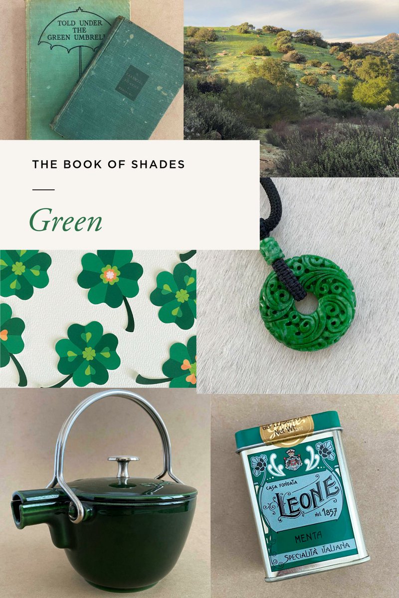 MozaicStudio's tweet photo. The Book of Shades begins: Green 📷 Vintage books, rolling hills, jade, clovers, teapots, mint tins. Nature drawn by hand. New shade every month. #TheBookOfShades #GreenPalette https://t.co/5XT0uTv9rw